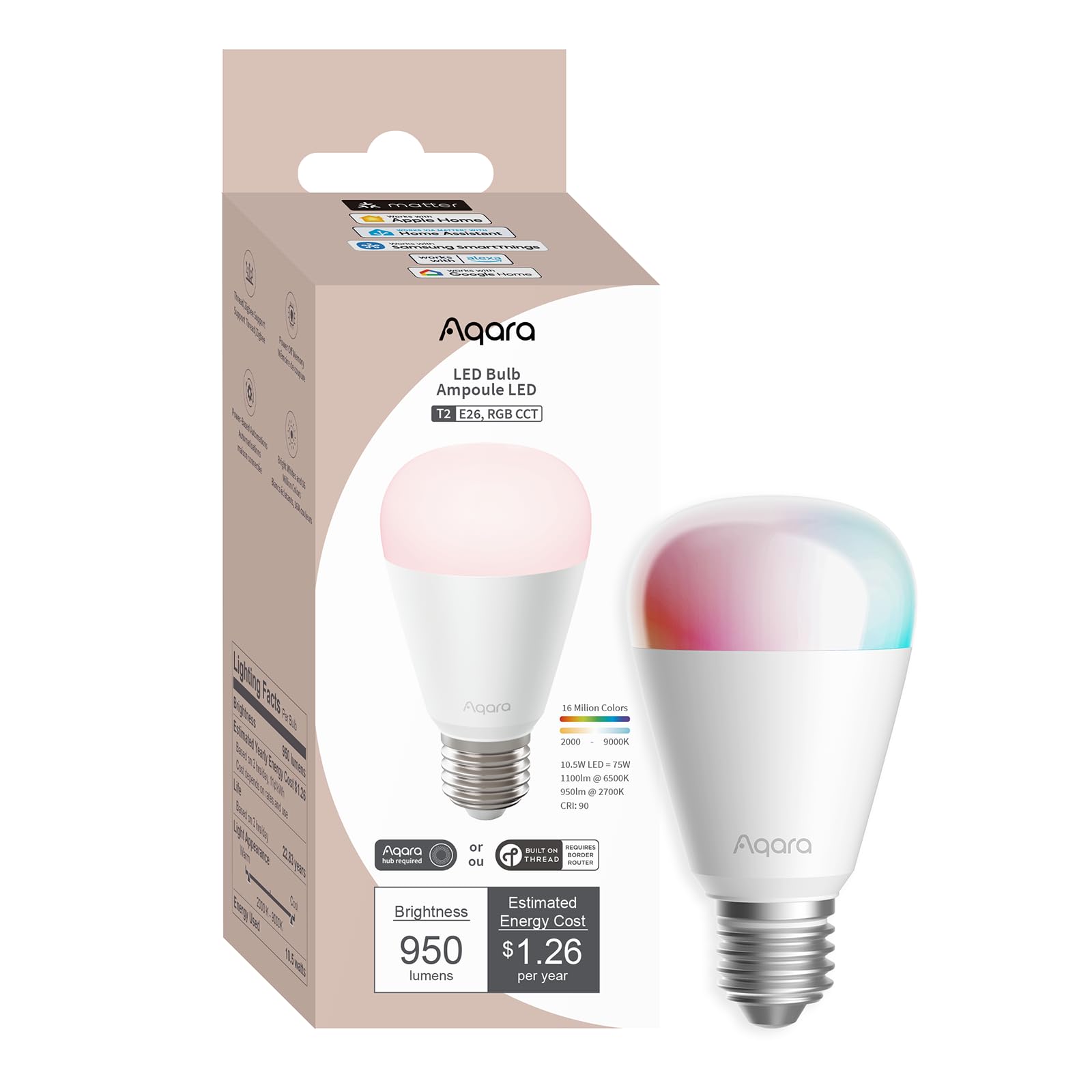 Aqara Thread/Zigbee Smart LED Light Bulb T2 E26, Tunable White (2000K-9000K), RGB Color Changing Light Bulb with 16 Million Colors, 75W Equivalent, Matter, Works with HomeKit, Alexa, Google & More