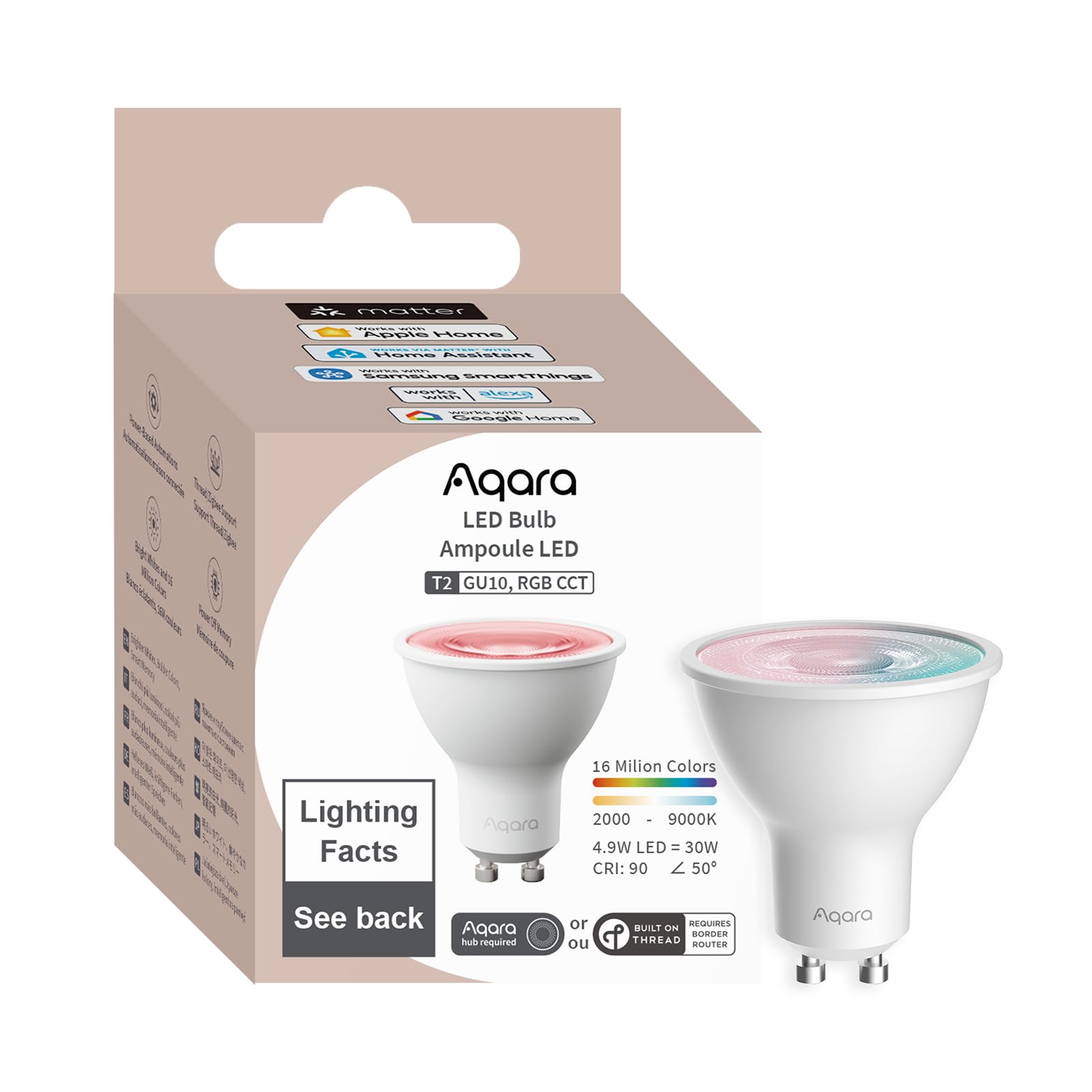 Aqara Thread/Zigbee Smart LED Light Bulb T2 GU10, Tunable White (2000K-9000K), RGB Color Changing Light Bulb with 16 Million Colors,Matter, Works with HomeKit, Alexa, Google & More