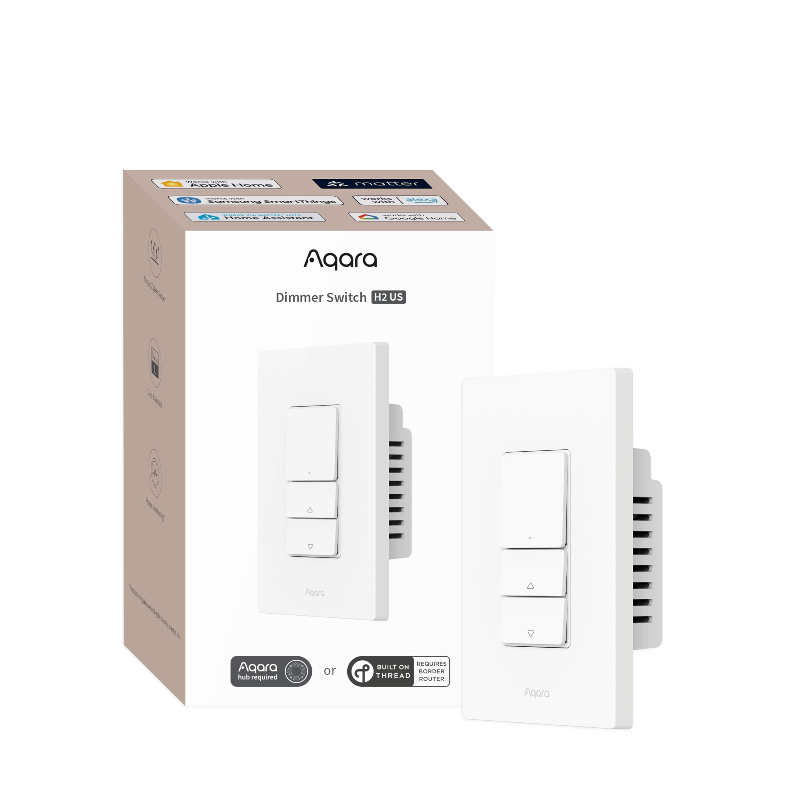 Aaqara Smart Dimmer Switch H2,2-in-1 Neutral,Thread/Zigbee Support,Silent On/Off Dimmer Light Switch for Incandescent,Halogen,Dimmable LED,ELV,and CFL